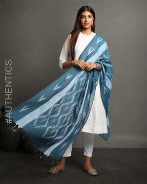 handloom woven cotton ikat dupatta with tassels