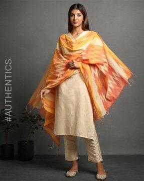 handloom woven cotton ikat dupatta with tassels