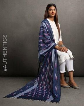 handloom woven cotton ikat dupatta with tassels