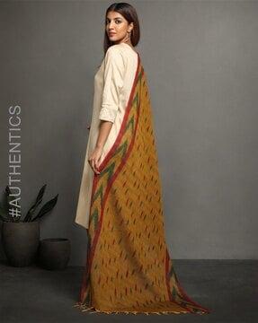 handloom woven cotton ikat dupatta with tassels