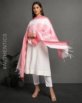 handloom woven cotton ikat dupatta with tassels