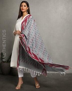 handloom woven cotton ikat dupatta with tassels