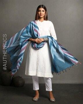 handloom woven cotton ikat dupatta with tassels