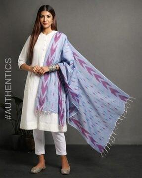 handloom woven cotton ikat dupatta with tassels