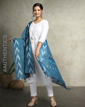 handloom woven cotton ikat dupatta with tassels