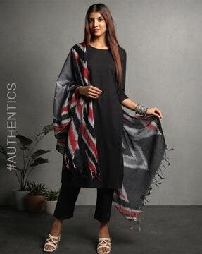 handloom woven cotton ikat dupatta with tassels