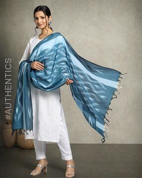 handloom woven cotton ikat dupatta with tassels