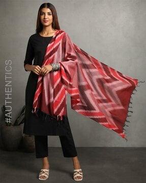 handloom woven cotton ikat dupatta with tassels