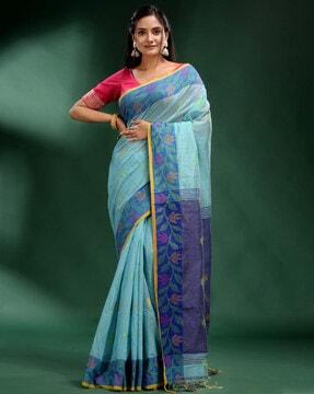 handloom woven saree with contrast border & tassels