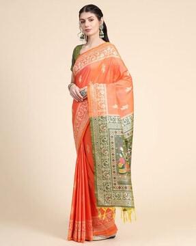 handloom woven saree with contrast border & tassels