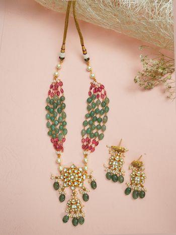 handmade jadau kundan long necklace with beads and swarovski pearls.