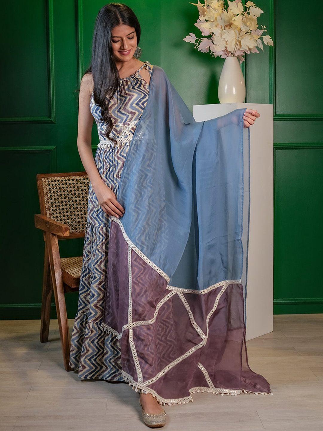 handme leheriya a-line maxi ethnic dress with embroidered lace dupatta & belt