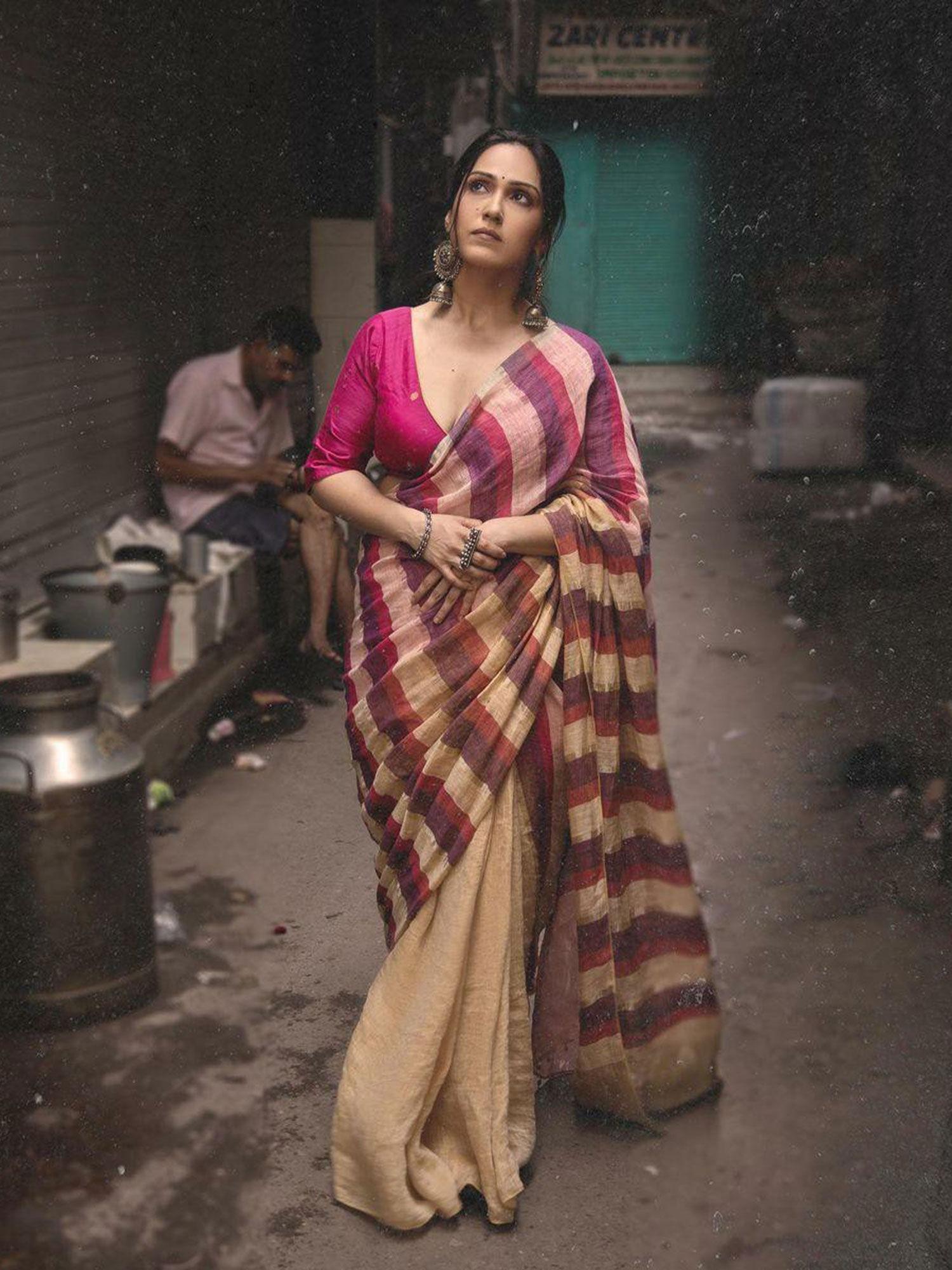 handwoven bright pink stripes linen saree without blouse