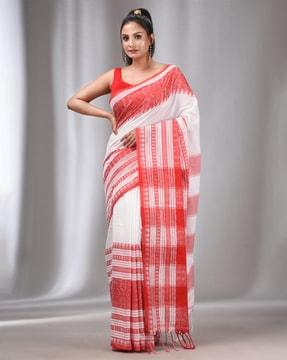 handwoven saree with contrast border & tassels