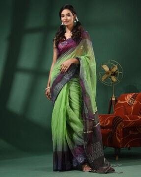 handwoven saree with contrast border & tassels