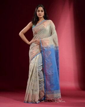 handwoven saree with contrast pallu & tassels