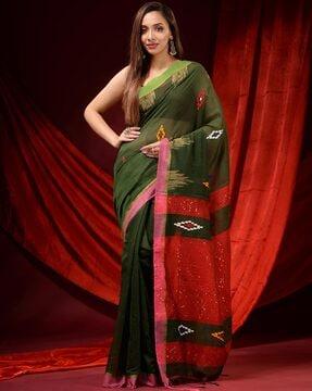 handwoven saree with geometric motifs & contrast pallu