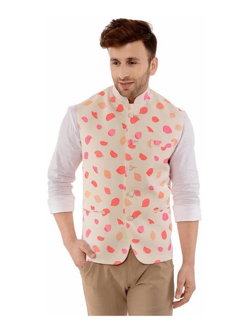 hang up beige & pink regular fit printed bundi jacket