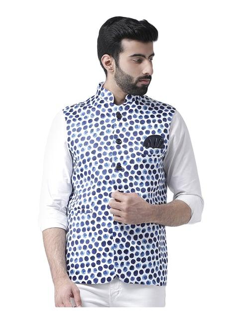 hang up blue regular fit printed bundi jacket