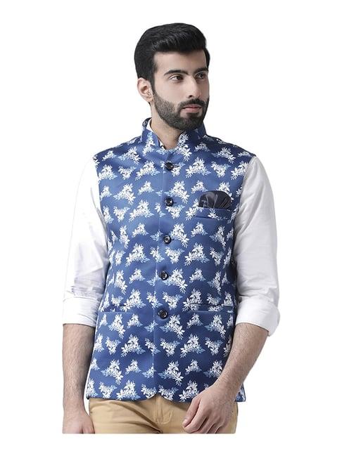 hang up blue regular fit printed bundi jacket