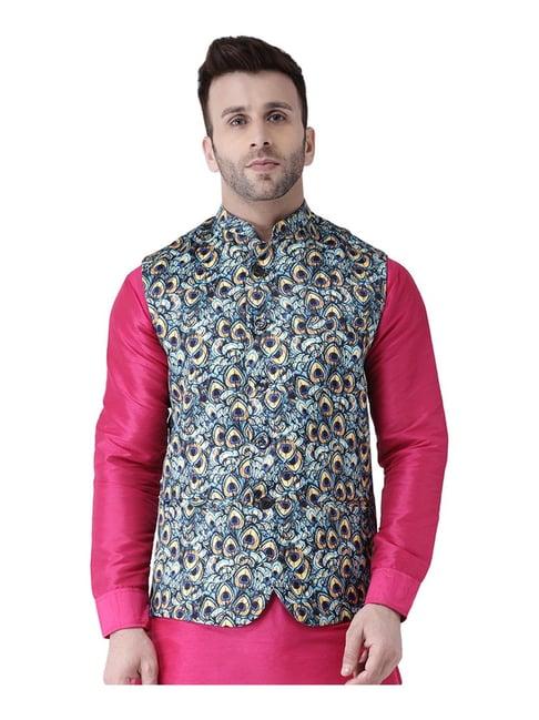 hang up blue regular fit printed bundi jacket