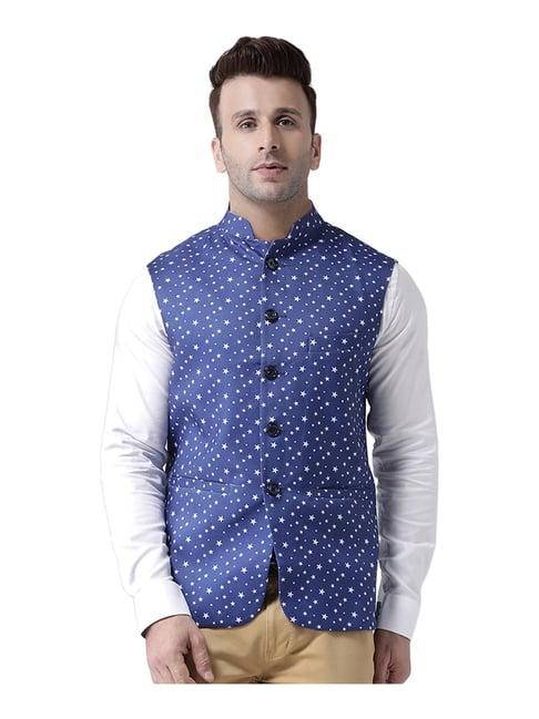 hang up blue regular fit printed bundi jacket