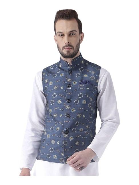 hang up blue regular fit printed bundi jacket