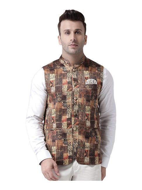 hang up brown regular fit printed bundi jacket