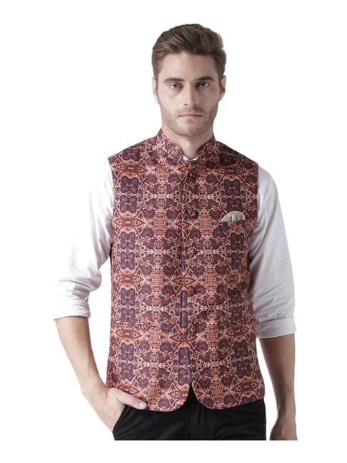 hang up brown regular fit printed bundi jacket