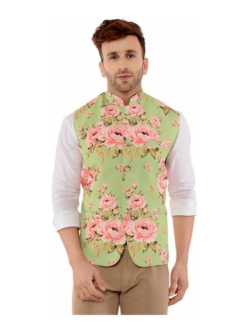 hang up green & pink regular fit printed bundi jacket