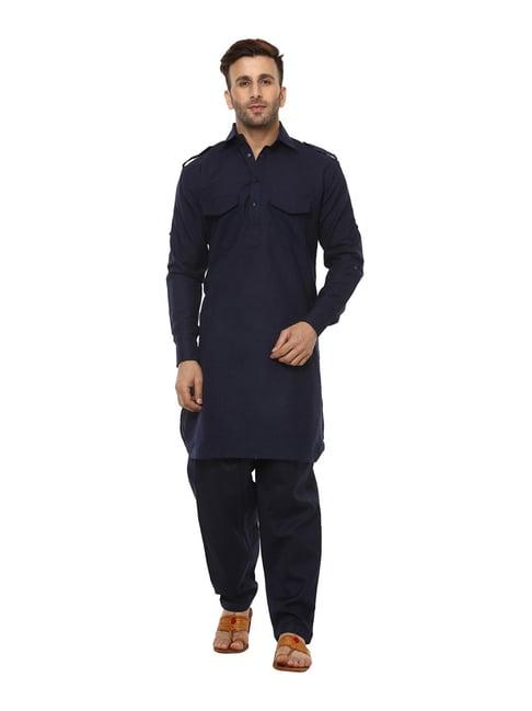 hang up navy cotton regular fit kurta set