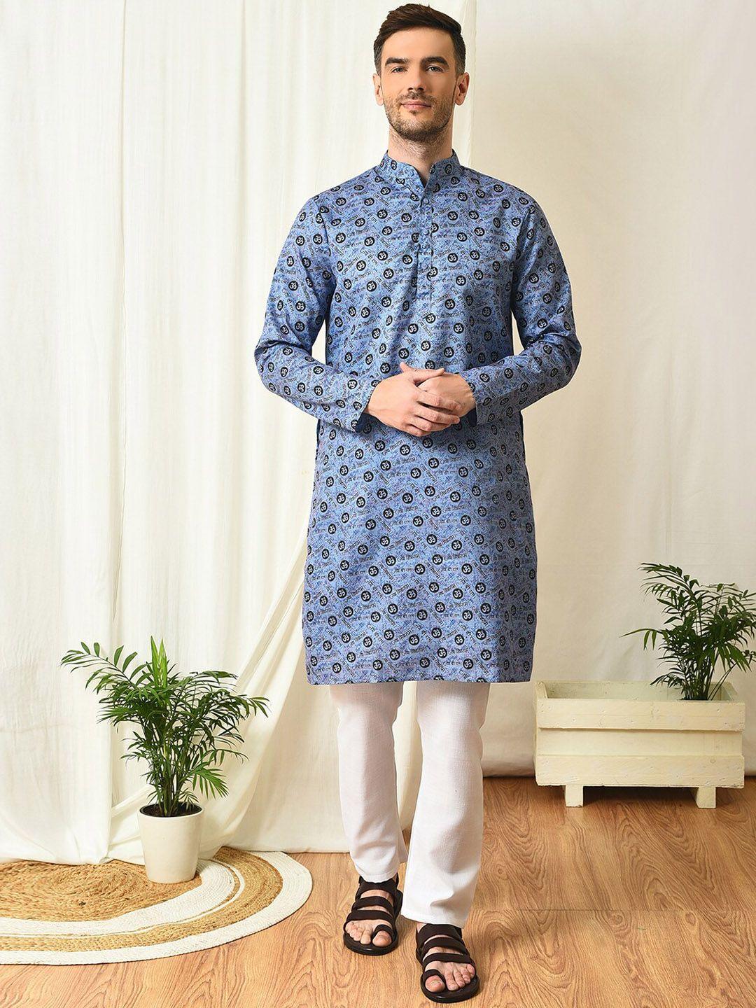 hangup  ethnic motifs printed band collar straight kurta with pyjamas