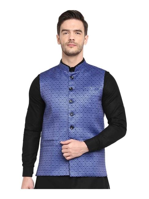 hangup blue sleeveless printed nehru jacket