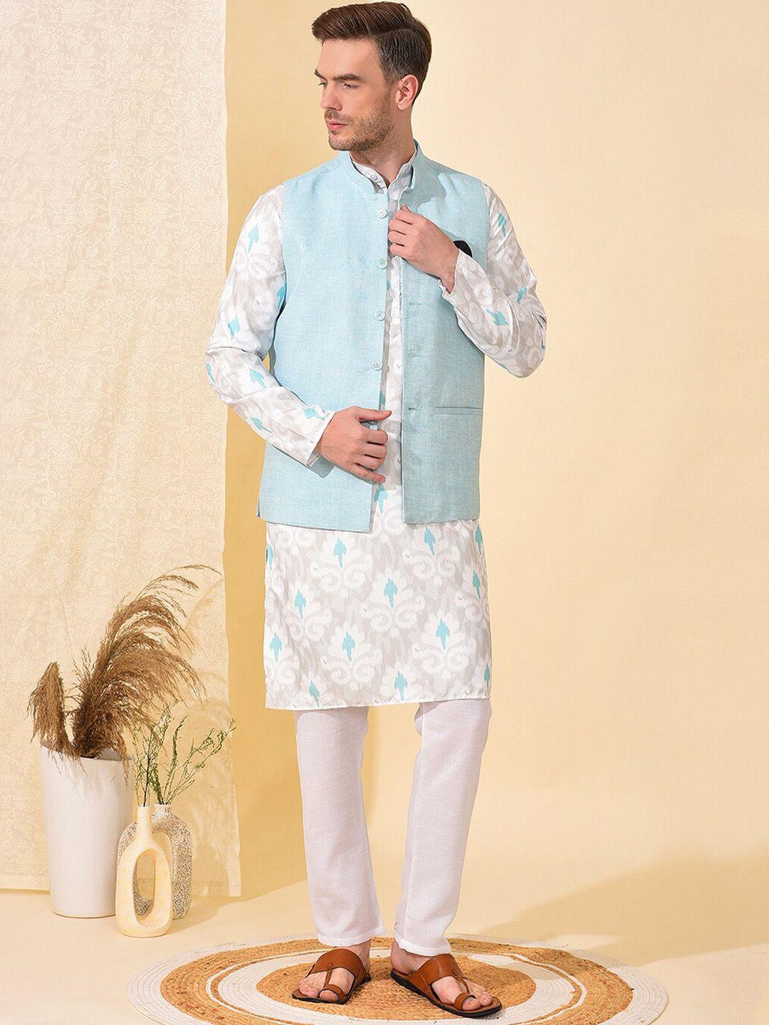 hangup ethnic motifs printed pure cotton kurta with pyjamas & nehru jacket
