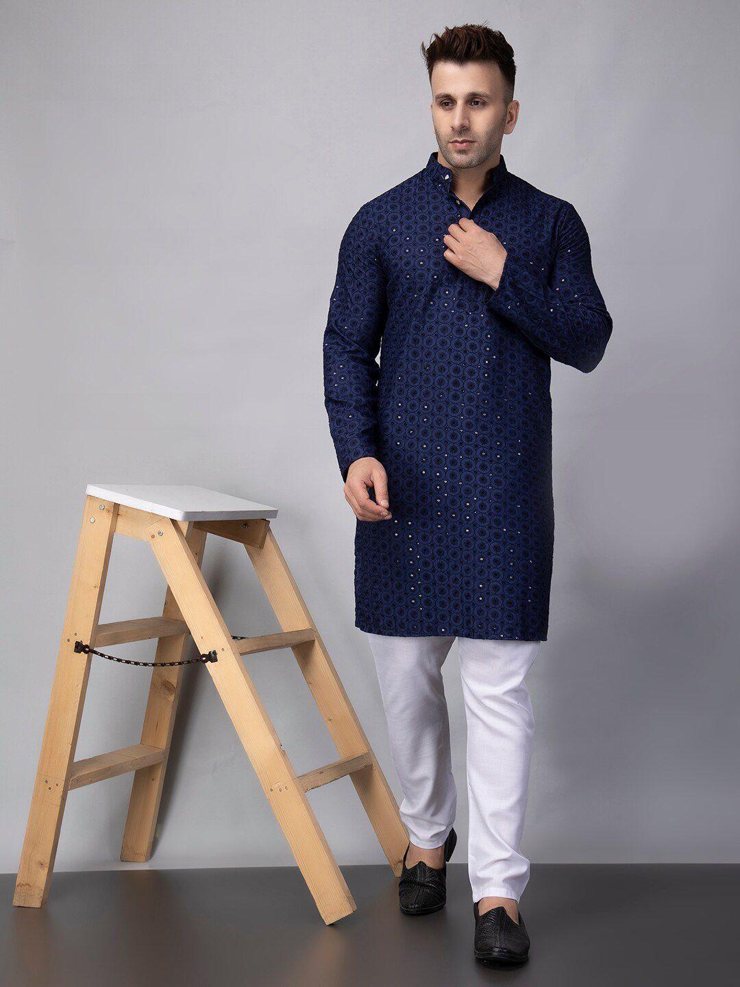 hangup geometric mandarin collar full sleeves thread work straight kurta with pyjamas