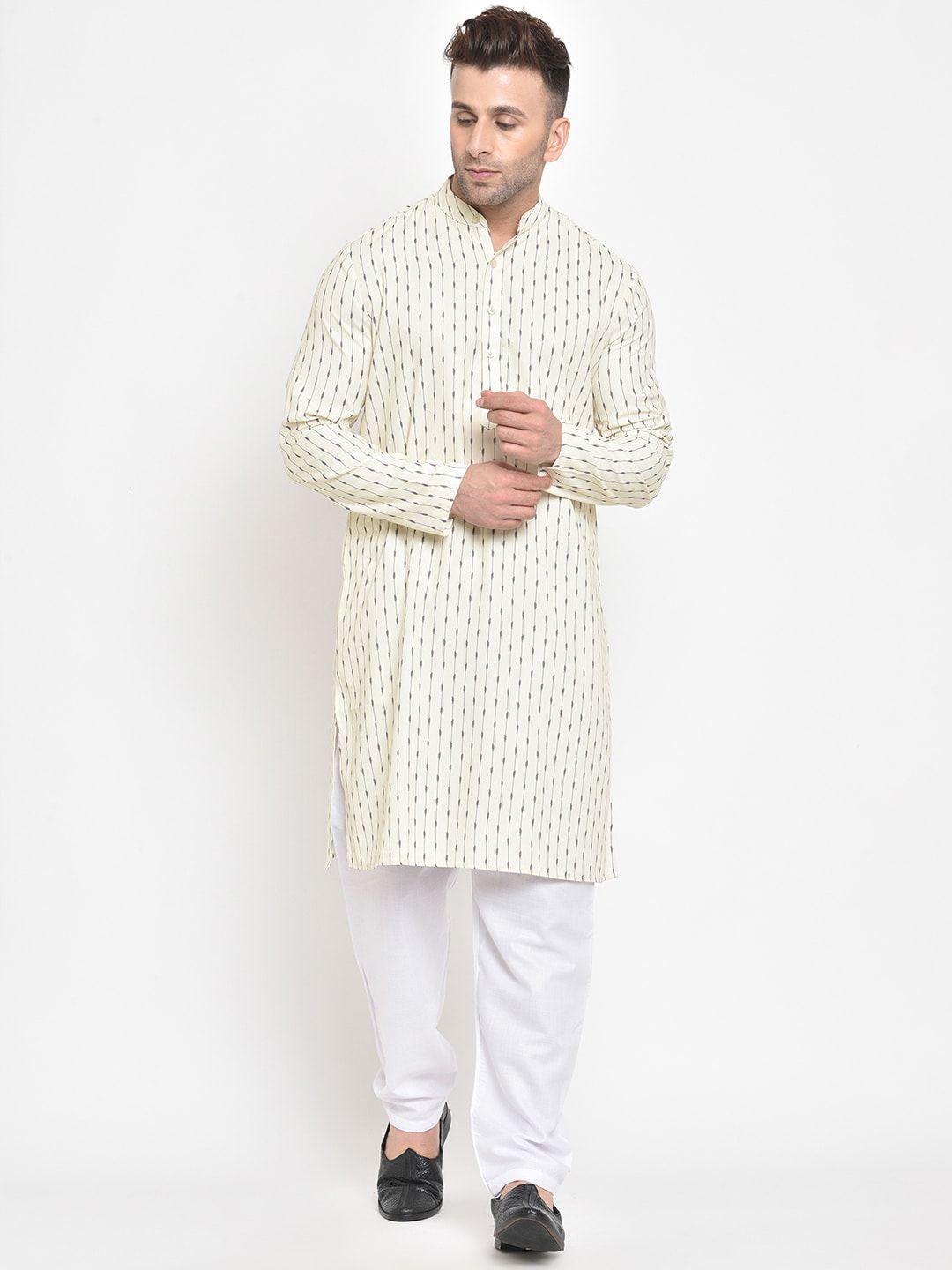 hangup men beige & white printed kurta with pyjamas