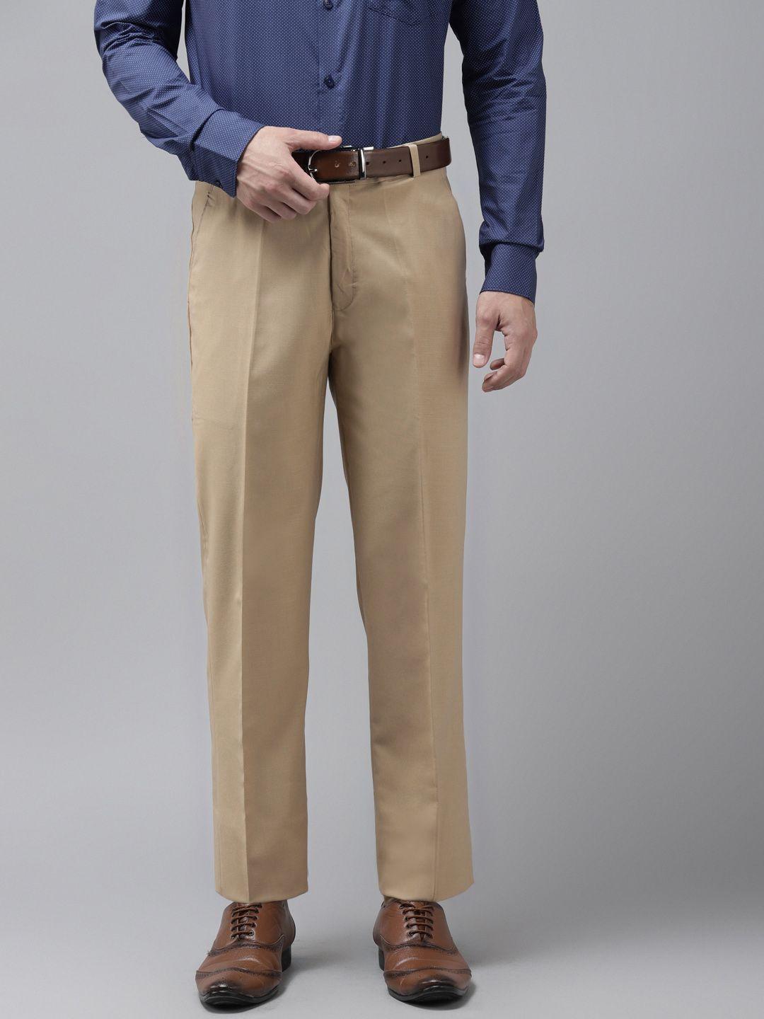 hangup men beige regular fit solid formal trousers