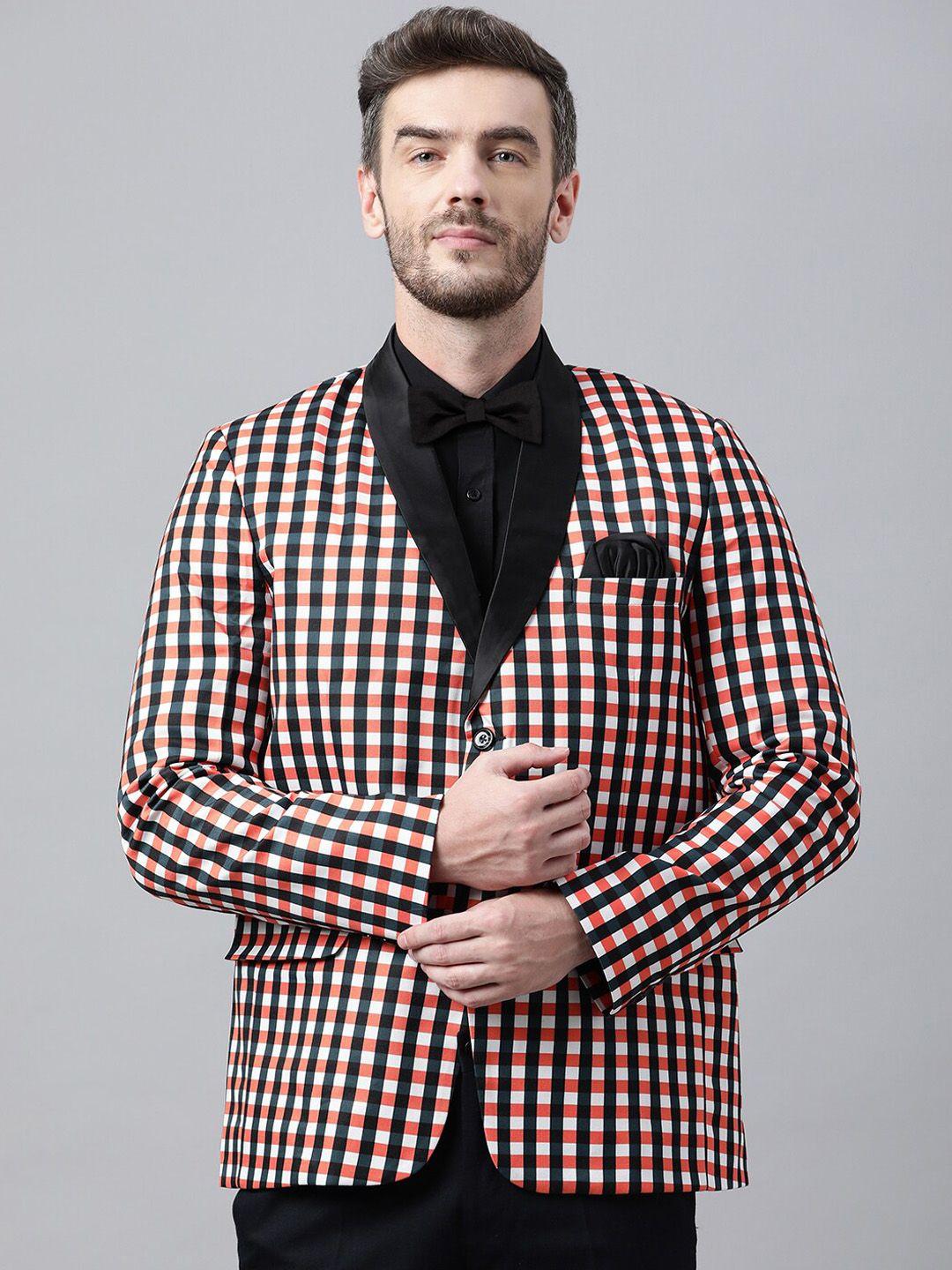 hangup men black & orange coloured checked single-breasted blazers