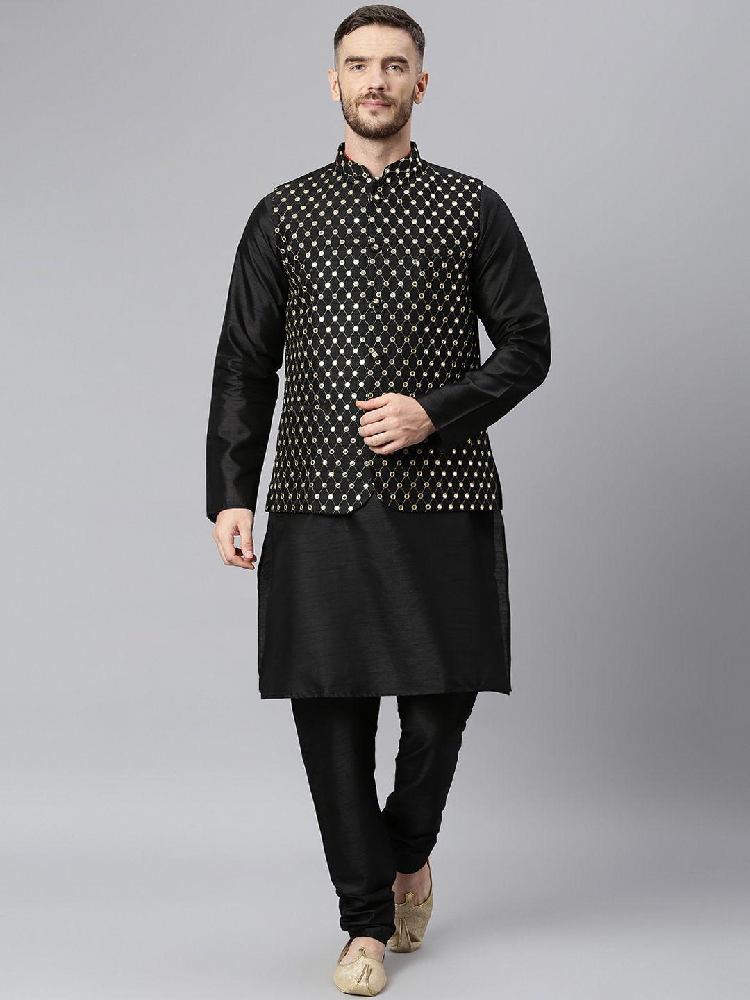 hangup men black regular dupion silk kurta with pyjamas & nehru jacket