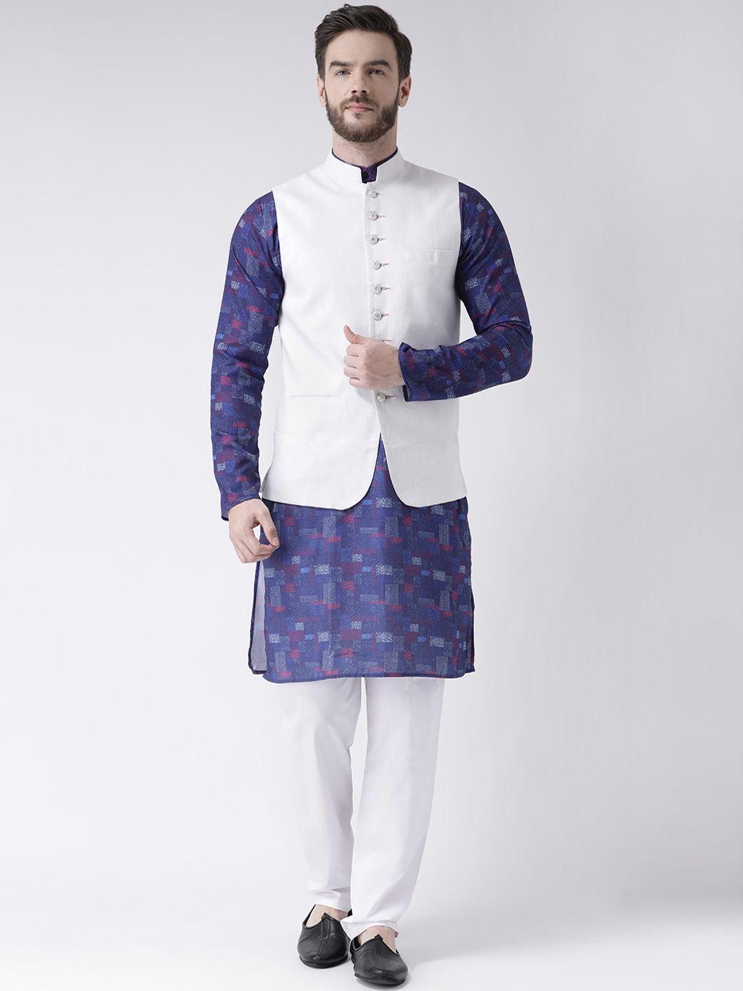 hangup men blue & maroon printed kurta with pyjamas & nehru jacket