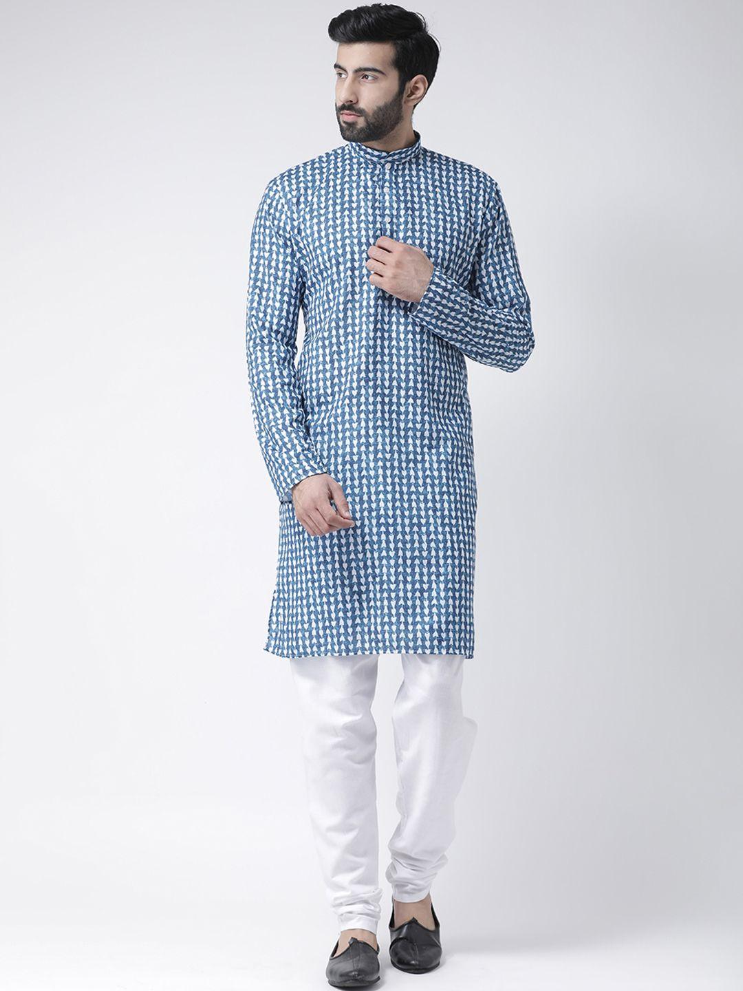 hangup men blue & white printed kurta with pyjamas