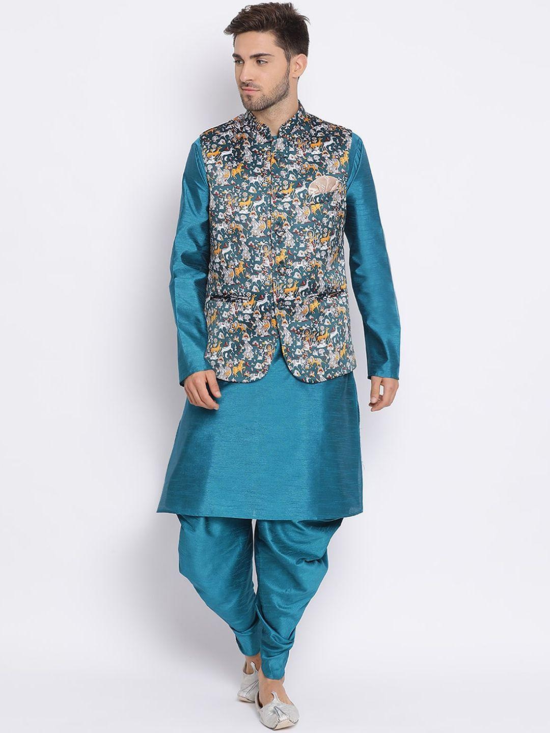 hangup men blue & yellow solid kurta with patiala & nehru jacket
