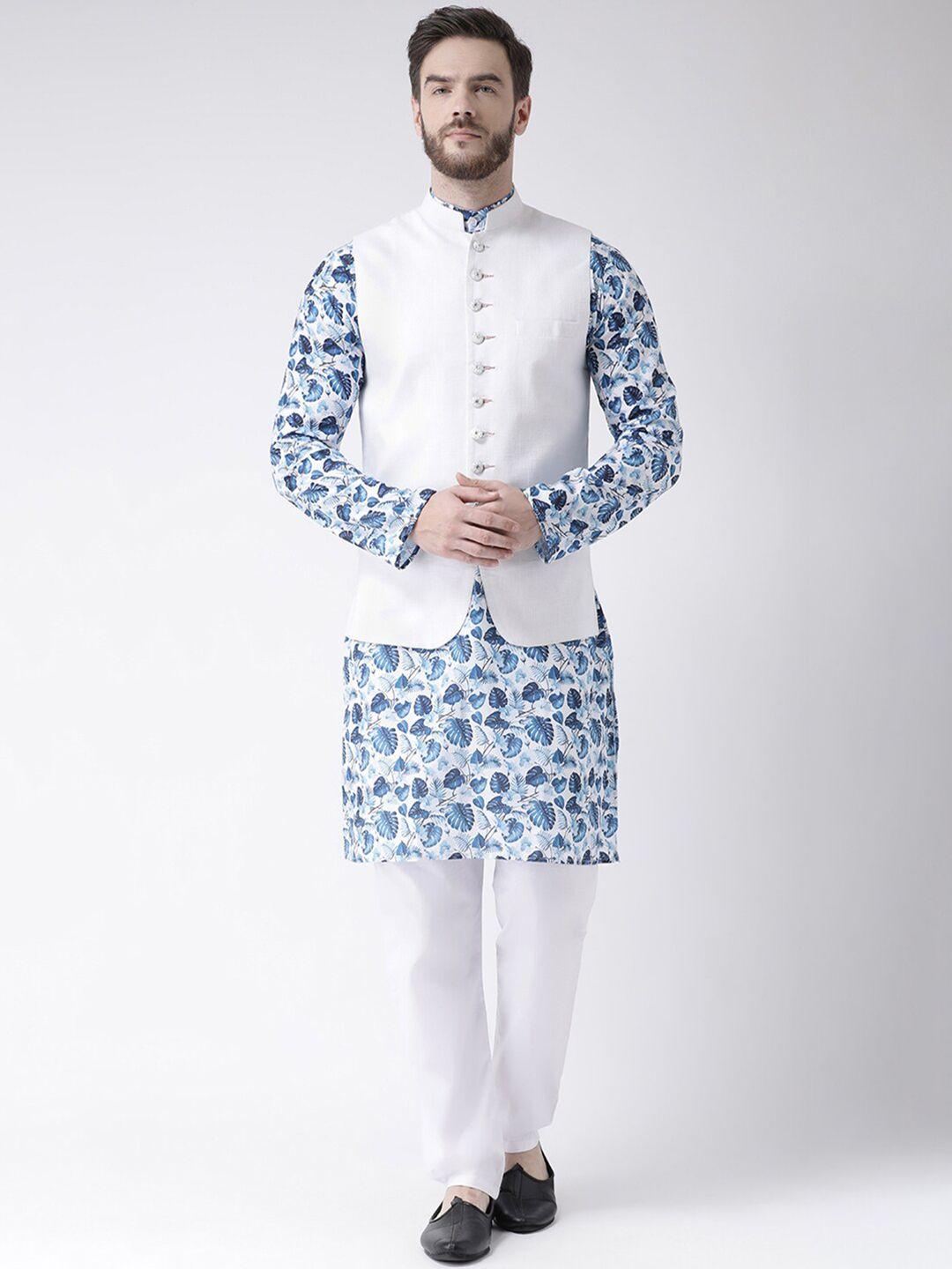 hangup men blue ethnic motifs printed pure cotton kurta set with nehru jacket