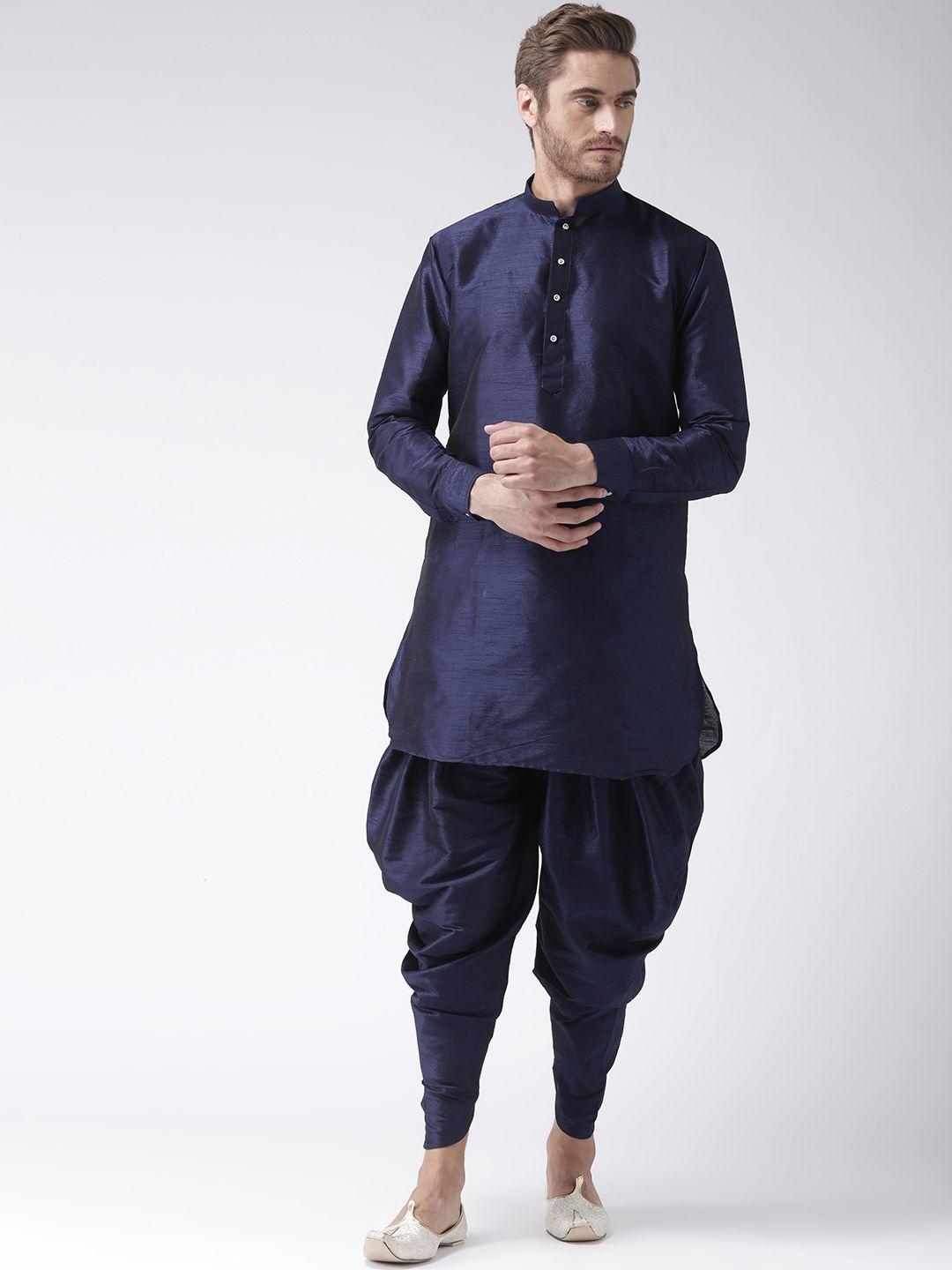 hangup men blue solid kurta with dhoti pants