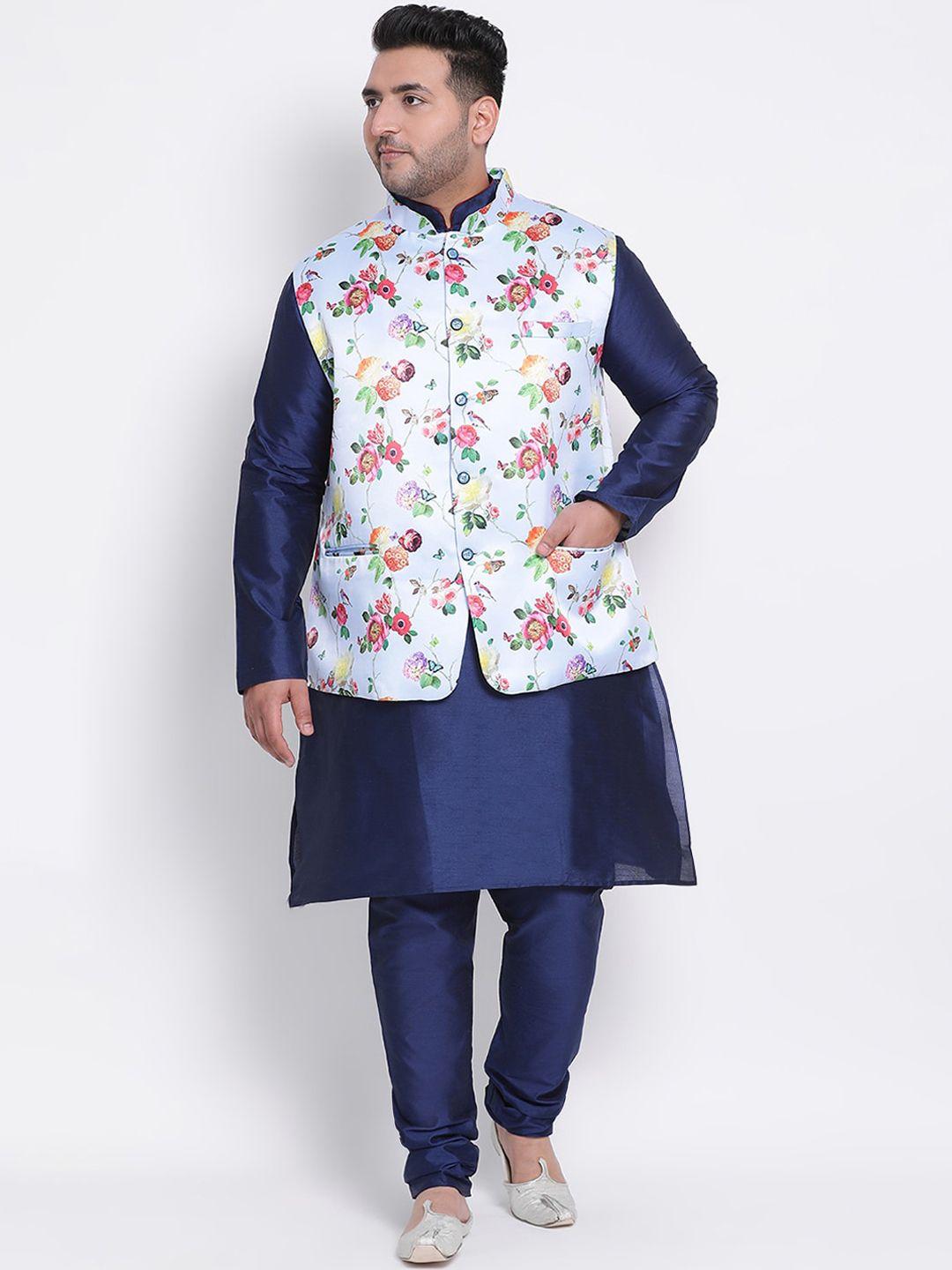 hangup men blue solid kurta with pyjamas & nehru jacket
