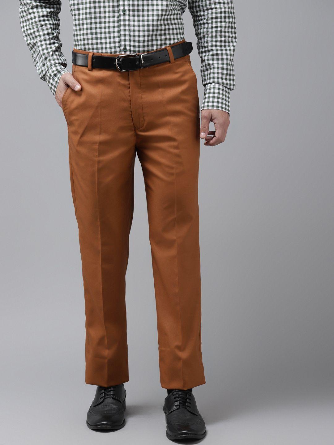 hangup men brown regular fit solid formal trousers