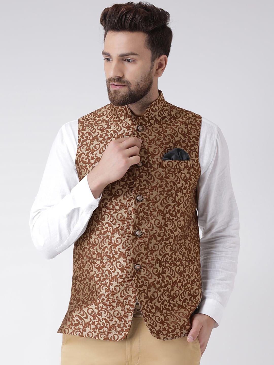hangup-men-brown-woven-design-linen-nehru-jacket