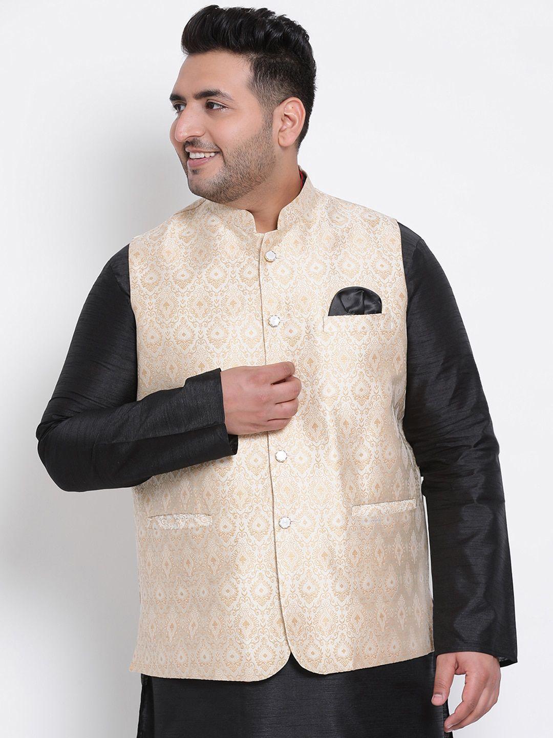 hangup men cream & beige woven-design nehru jacket
