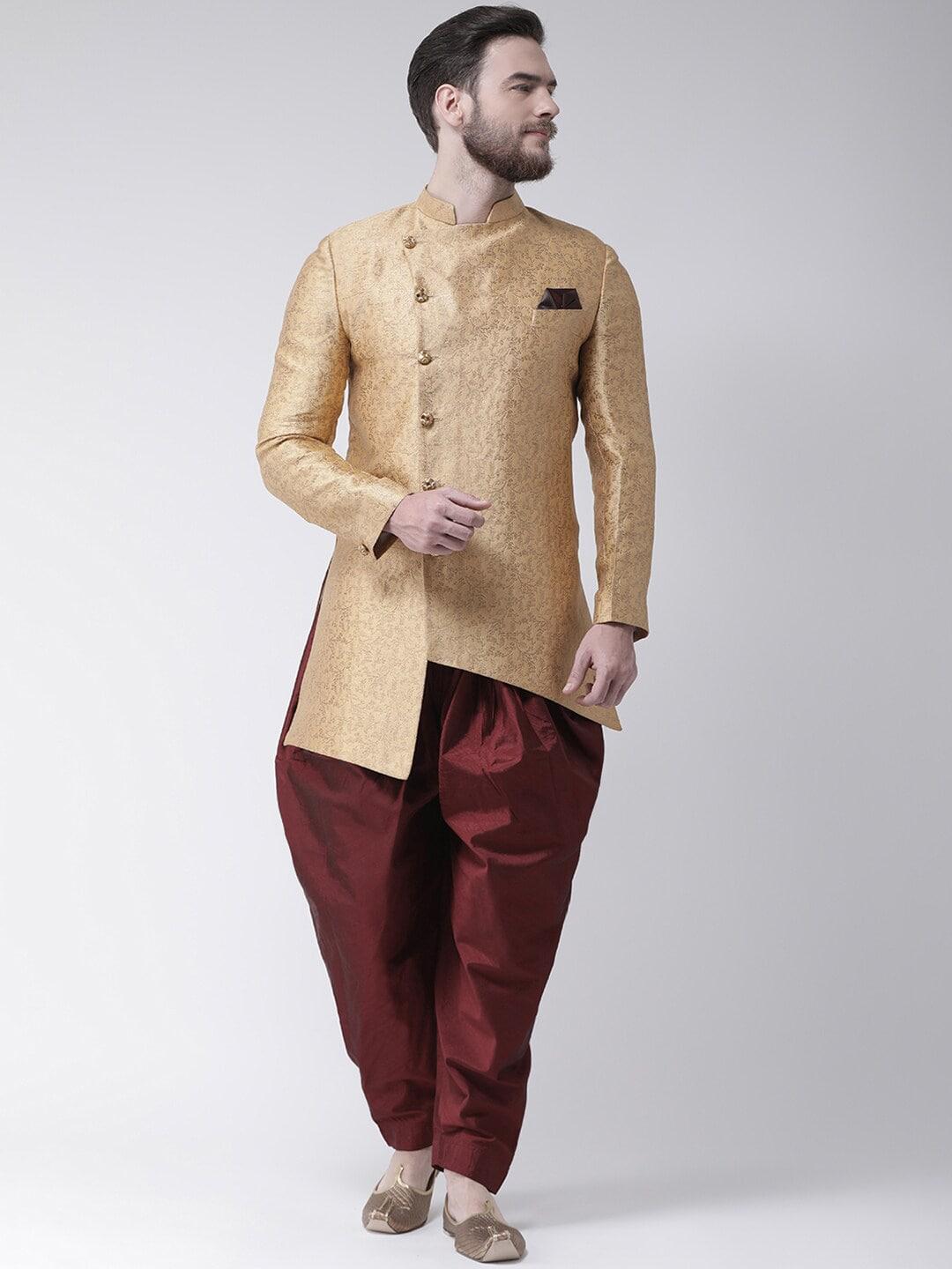 hangup men cream & maroon woven-design sherwani set