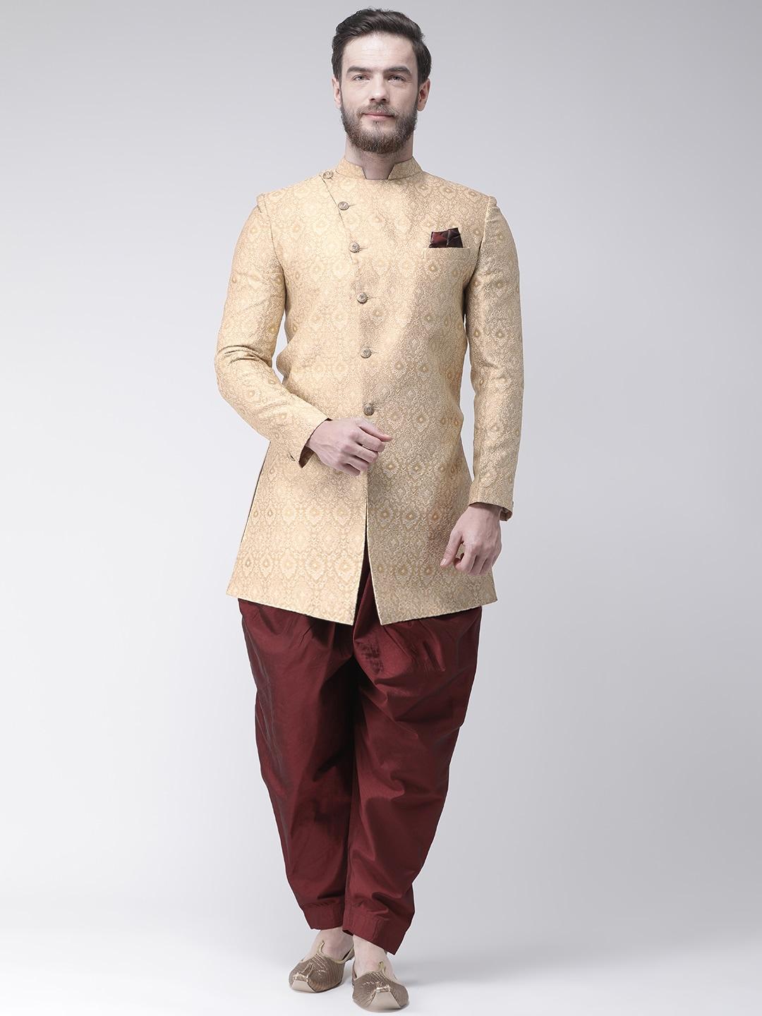 hangup men cream-coloured & maroon sherwani with dhoti pants